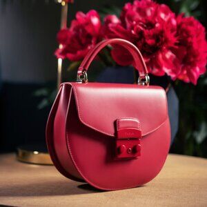NWT！NEW！Furla Metropolis S Top Handle Round Crossbody -Smooth Leather Red